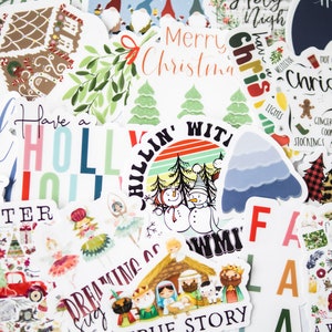May include: A collection of colorful Christmas stickers featuring various holiday themes, including a gingerbread house, a snowman, a Christmas tree, and a nativity scene. The stickers have text that reads "Have a Holly Jolly Winter", "Chillin' With My S.N.O.W.M.I", "Merry Christmas", "Christmas Time", and "A Very Magical Christmas".