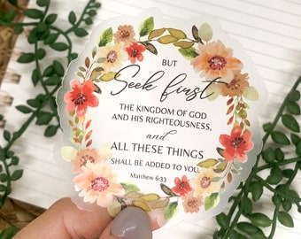 Seek First The Kingdom Of God Sticker, Bible Verse Decals, Die Cut Decal, Floral Label, Wreath Decal, Christian Stickers, Scripture Labels