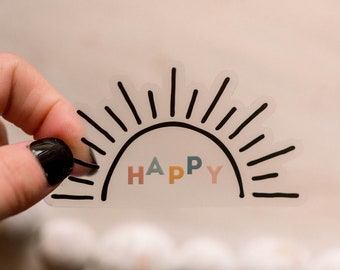 Happy Decal, Clear Label, Happy Sun Sticker, Die Cut Decal, Laptop Stickers, Notebook Label, Waterproof Vinyl Sticker, Positive Sticker