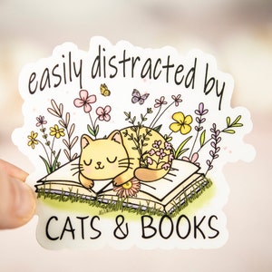 Easily Distracted By Cats & Books Sticker, Spring Sticker, Cat Mom Sticker, Funny Cat Mom Stickers, Reading Stickers, Booktok Water Flask
