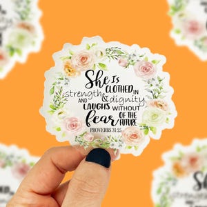 She Is Clothed In Strength And Dignity Sticker, Christian Car Decal, Proverb Stickers, Bible Verse Sticker, Religious Decal, Waterproof