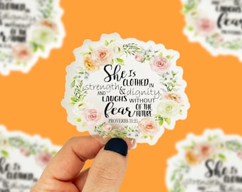 She Is Clothed In Strength And Dignity Sticker, Christian Car Decal, Proverb Stickers, Bible Verse Sticker, Religious Decal, Waterproof