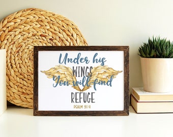 Under His Wings You Will Find Refuge, Bible Verse Print, Religious Print, Christian Wall Art, Floral Scripture Print, Inspirational Wall Art