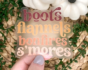 Boots Flannels Bonfires S'mores Clear Sticker, Fall Car Sticker, October Car Decal, Die Cut Sticker, Vinyl Sticker