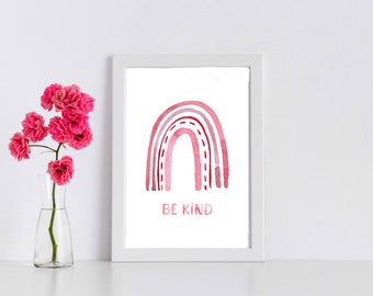 Be Kind Poster, Motivational Quote, Positive Wall Art, Minimalist Decor, Pink Rainbow Print, Canvas Print, Dorm Room Wall Decor, Encouraging