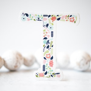 Vinyl Letter &quot;T&quot; Sticker, Floral Monogram Sticker, Alphabet Decal, Name Letter Sticker, Gift For Kids, Phone Sticker, Laptop Decal, Journal