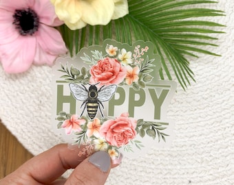 Bee Happy Decal, Floral Sticker, Positive Label, Die Cut Sticker, Save The Bees, Car Decal, Bumper Stickers, Pink Flowers Decal, Scrapbook