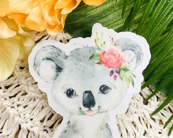 Koala Floral Clear Sticker, Die Cut Label, Cute Koala Decal, Woodland Animal Sticker, Phone Sticker, Notebook Sticker for Kids