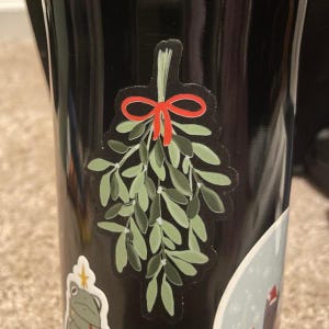 May include: A green and white mistletoe sprig with a red bow. The mistletoe is hanging from a black background.