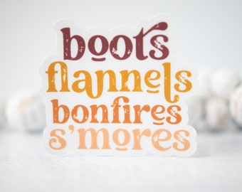 Boots Flannels Bonfires S'mores Clear Sticker, Fall Car Sticker, October Car Decal, Die Cut Sticker, Vinyl Sticker