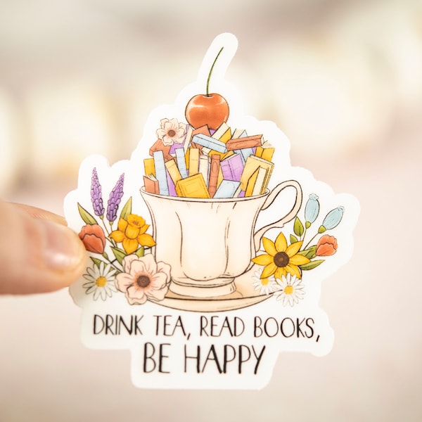 Drink thee Lees boeken Be Happy sticker, boekstickers, Booktok-sticker, leesstickers, sticker boekenliefhebber, Kindle-sticker, dagboek lezen