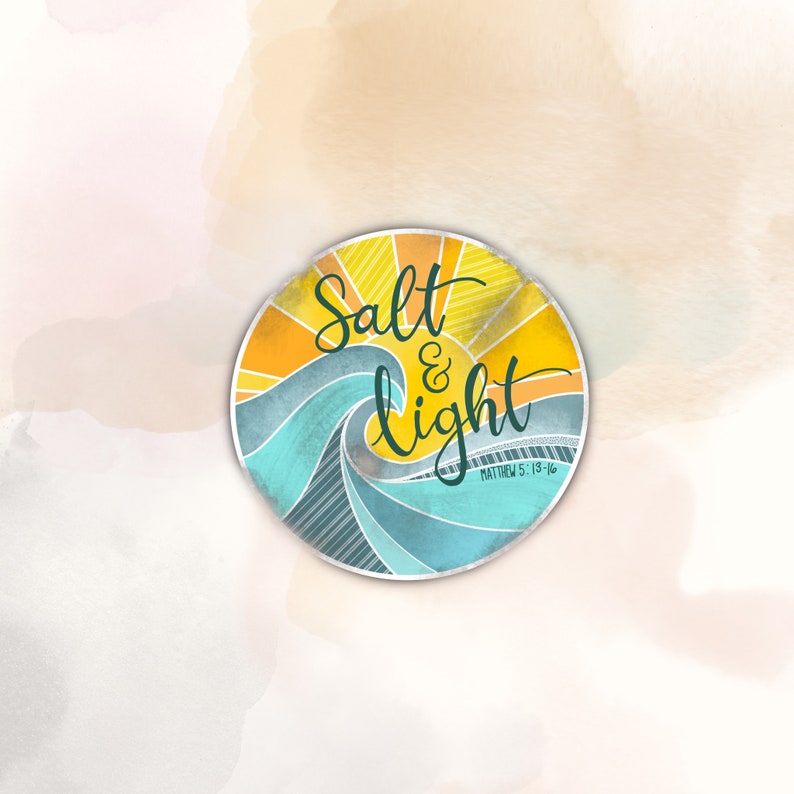 May include: A round sticker with a blue and yellow watercolor design. The sticker features a wave and a sun with the text "Salt & light" and "Matthew 5:13-16".