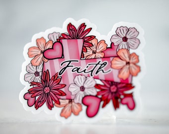 Faith Sticker, Floral Label, Cross Decal, Religious Sticker, Christian Sticker, Church Decal, Catholic Sticker,Pink Sticker,Bible Journaling