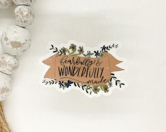 Fearfully And Wonderfully Made, Religious Sticker, Christian Laptop Label, Floral Decal, Bible Verse Sticker, Car Decal, Die Cut Sticker