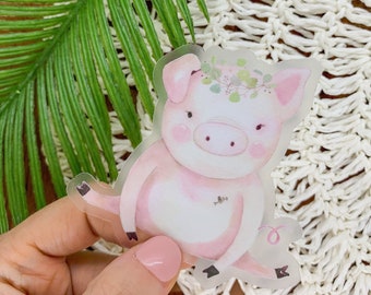 Pig Sticker, Die Cut Label, Piggy Decal, Pig With Wreath Sticker, Cute Piglet Label, Happy Pig Sticker, Girly Decal, Phone Stickers, Laptop