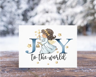 Christmas Card, Joy To The World Card , Greeting Card, Angel Card, Winter Wonderland Card, White Envelope Included, Linen Paper Card