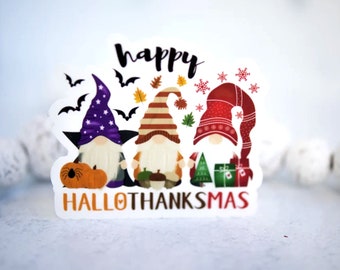 Happy Hallothanksmas, Gnomes Decal, Halloween Sticker, Planner Sticker, Vinyl Decal, Tumbler Decal, Die Cut Sticker, Junk Journal Sticker