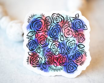Floral Sticker, Water Bottle Decal, Journal Label, Roses Die Cut Label, Bright Decal, Bumper Sticker, Waterproof Label, Removable Sticker