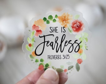 She Is Fearless Clear Floral Sticker, Die Cut Label Stickers, Inspirational Label, Quote Stickers, Computer Labels, Vinyl Laptop Decals