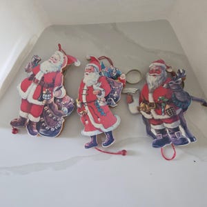 Vintage Old World Santa Ornaments Set of 3, Die Cut Cardboard Pull String Christmas Decor, Retro Victorian St Nick, Made in Taiwan VTG