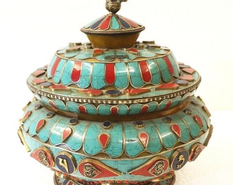 christmas Vintage Handmade Box Holy Nepali Copper Box With Coral Turquoise Lapis Amber Stone Work Décor Art