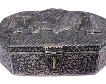 Antique Silver Box Original Holy Handcrafted Carved Rare Indian Collectible Decor