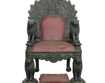 Antique Throne Chair, Royal Throne Wood Silver Hand Carved Maharaja 19th Century