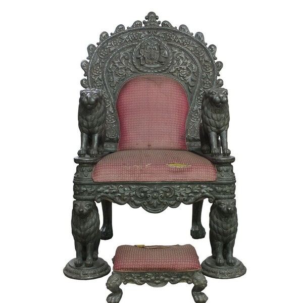 Antique Throne Chair, Royal Throne Wood Silver Hand Carved Maharaja 19th Century