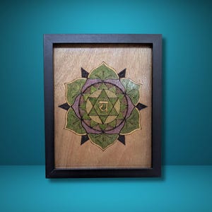 Heart Chakra Wall Art – Anahata Woodburned Symbol – 8x10 Framed Watercolor Mandala – Spiritual Healing Decor – Handmade Gift