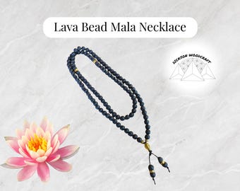 108 Lava Bead Mala Necklace with Gold Buddha Guru Bead | Aromatherapy Meditation Necklace | Handcrafted Spiritual Jewelry
