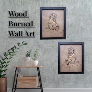 Foo Dog Lion Wall Art Set – Pyrography Gold Leaf Guardians – 8x10 Framed Woodburned Pair – Feng Shui Protection Decor