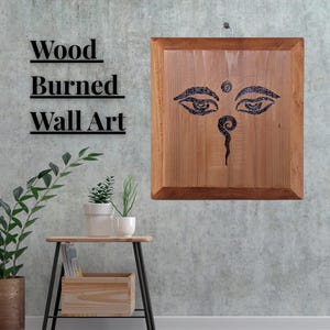 Eyes of Buddha Wood Wall Art – 7x7 Hand-Burned Pyrography – Spiritual Symbol Decor – Buddhist Meditation Room Gift
