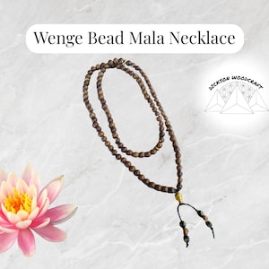 Wenge Wood Mala Necklace - 108 Beads With Gold Buddha Guru Bead - Hand Knotted Prayer Beads for Meditation and Mindfulness