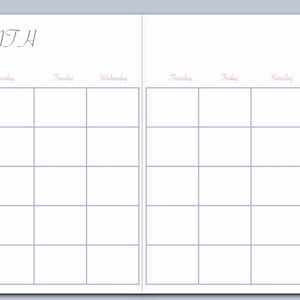 May include: A blank monthly calendar planner with a purple header that says "MONTH". The calendar is divided into seven columns for each day of the week, starting with Sunday and ending with Saturday. Each column has five rows for each week of the month.