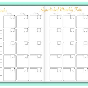 May include: A printable planner page with a black and white design. The page is divided into two sections, one for undated months and the other for hyperlinked monthly tabs. The monthly tabs are labeled with the days of the week: Monday, Tuesday, Wednesday, Thursday, Friday, Saturday, and Sunday.