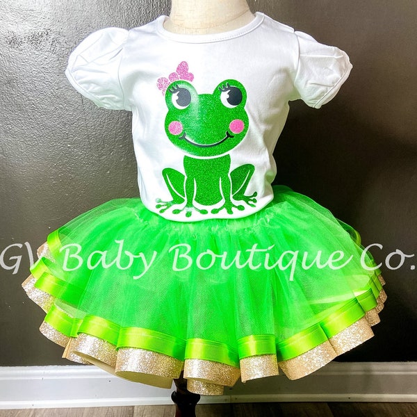 Girls Toddler, Youth Frog Theme Birthday Shirt and Ribbon Tutu, Green and Gold Glitter Ribbon Tutu, Frog Birthday Dress Outfit