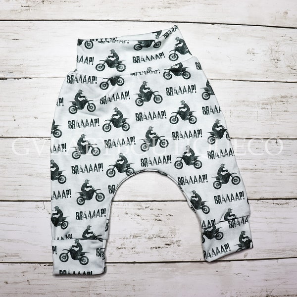 Light Gray Dirt Bike Harem pants, Unisex Brraap Motocross Handmade Harem Comfy Pants, baby toddler Boy or baby Girl Moto knit comfy pants