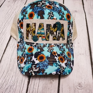 MAMA Western Religious Adjustable Baseball Criss Cross Ponytail Back Hat, Woman&#39;s Religious Sunflower and Cow Print Western Baseball Cap