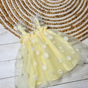 Girls Baby, Toddler Spring Embroidered Daisy Ruffle Tulle Dress, Pastel Yellow Daisy Tulle Girls Dress, Summer Floral Tulle Tank Top Dress