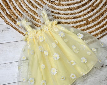 Girls Baby, Toddler Spring Embroidered Daisy Ruffle Tulle Dress, Pastel Yellow Daisy Tulle Girls Dress, Summer Floral Tulle Tank Top Dress