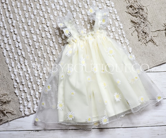 Girls Baby, Toddler Spring Embroidered Daisy Ruffle Ivory Tulle