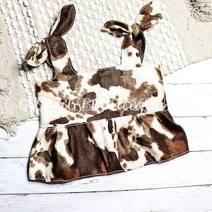 Brown Cow Print Ruffle Tank Top, Girls Baby, Toddler, youth faux suede Shirt, Country Girl Ruffle cow print crop tank top Tie able sleeves