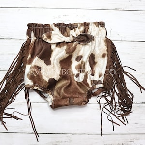 Baby Toddler High Waisted Brown Cow Print Fringe Bummies with Bow, Toddler Girls Western Faux Suede Brown Fringe Bummies, Cow Print Theme