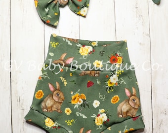 Baby Girl Easter Bunny Bummies and Bow Set: Organic Cotton Bloomers