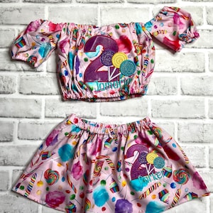Embroidered Personalized Candy Print Birthday Matching Cotton Off Shoulder Shirt and Mini Skater Skirt Outfit for Toddler and Youth