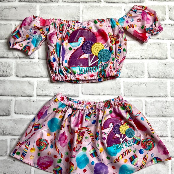 Embroidered Personalized Candy Print Birthday Matching Cotton Off Shoulder Shirt and Mini Skater Skirt Outfit for Toddler and Youth