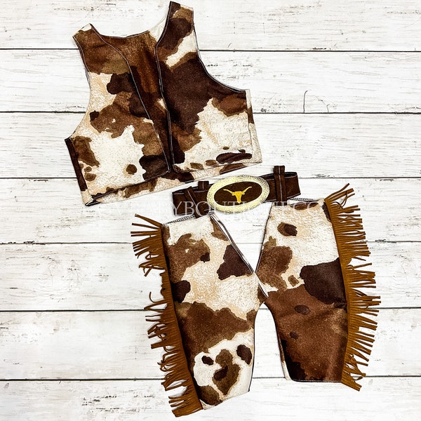 Baby, Toddler and Youth Boy Western Cowboy Outfit Boys Country Western Birthday Costume Boys Western Brown Cow Print Chaps and Vest Outfit