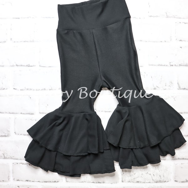 Baby and Toddler stretchy double brushed black knit double bell bottom, high waisted flares pants, chic baby toddler girl clothes,