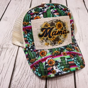 MAMA Western Desert Style Adjustable Baseball Criss Cross Ponytail Back Hat, Woman&#39;s Cactus Sunflower and Cow Print Western Baseball Cap