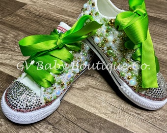 Green Gold pearl, rhinestone low top classic blinged sneakers, Girls baby, toddler and youth birthday pearl customized sneakers, kids shoes